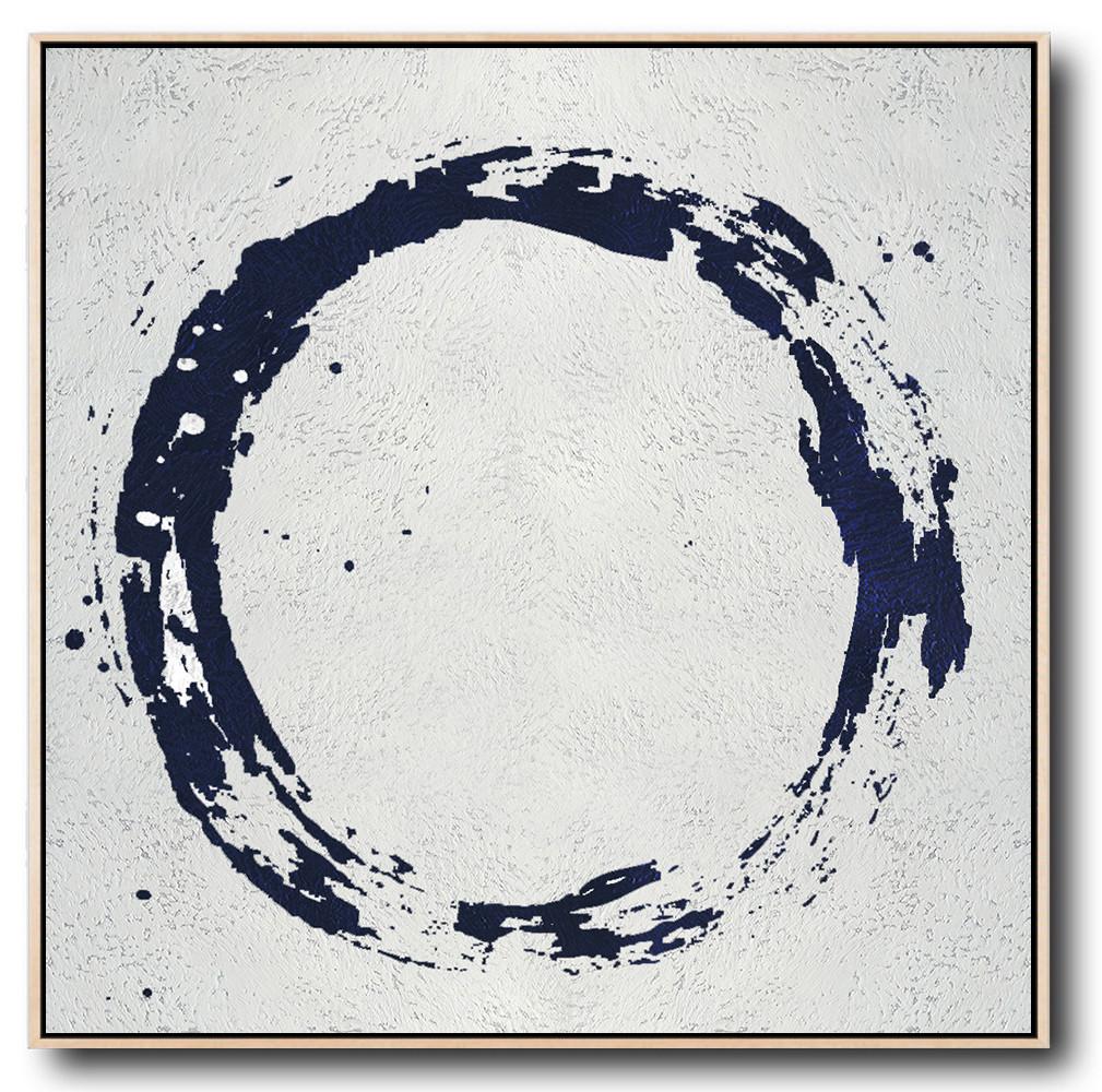 Hand Painted Extra Large Abstract Painting,Minimalist Navy Blue And White Painting,Canvas Painting Wall Decor